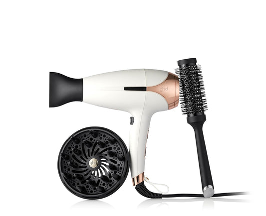 ghd Helios - Secador de pelo profesional con tecnología aeroprecis, incluye boquilla y difusor profesional y cepillo cerámico the blow dryer, blanco